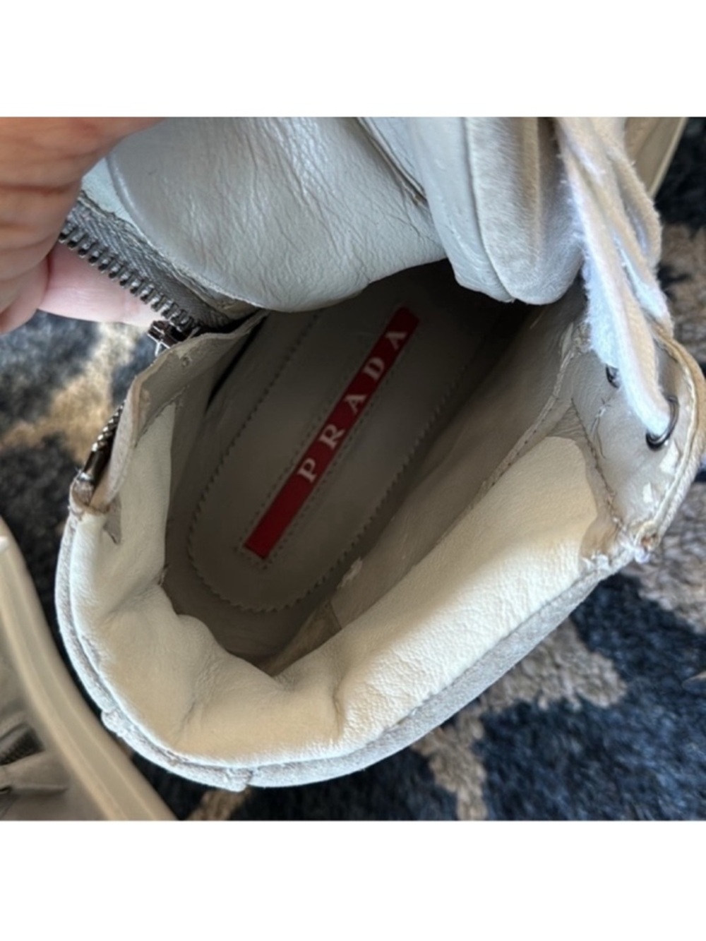 Prada Suede Leather High Top Sneakers Sz 6/36.5 Gray Logo Lace up Side Zipper - Picture 8 of 15